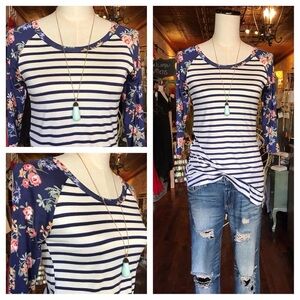 Floral striped baseball tee